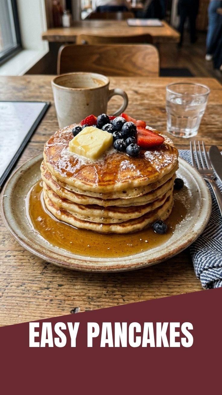 Stack of fluffy homemade pancakes drizzled with syrup
