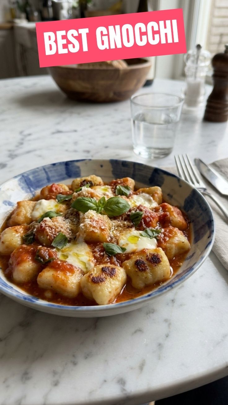 Creamy chicken gnocchi soup in a bowl with fresh herbs