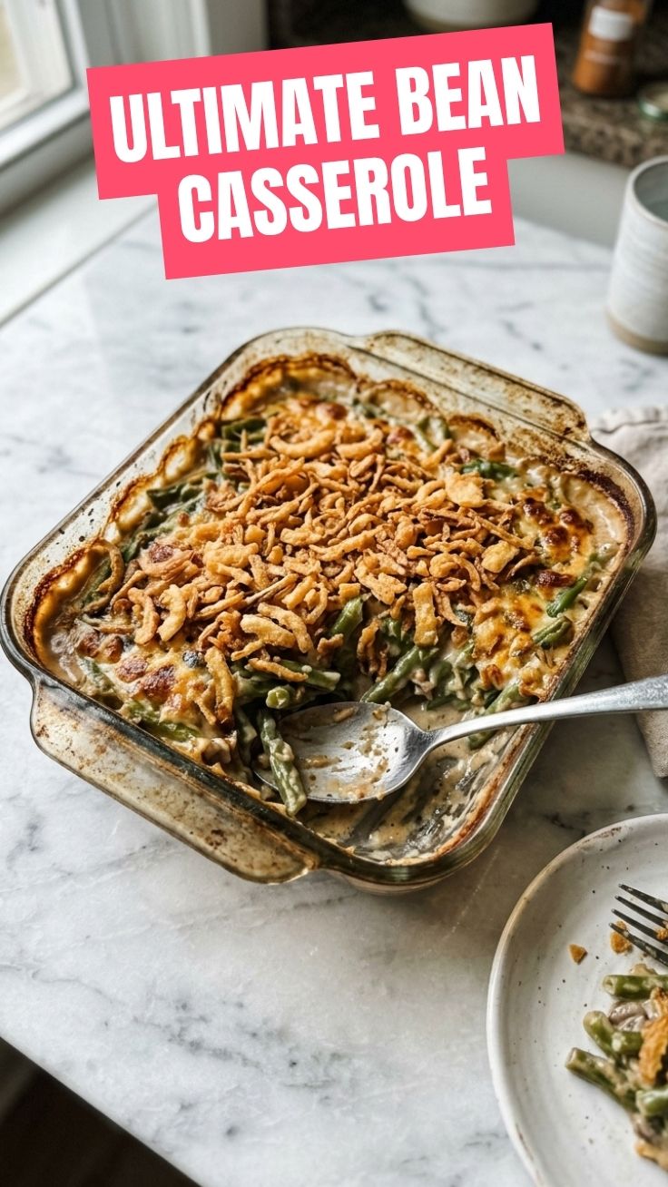 A classic green bean casserole in a white baking dish, ready to serve.