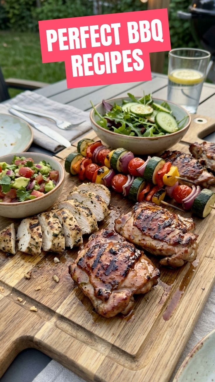 A colorful platter of healthy weight loss BBQ recipes with grilled chicken and vegetables