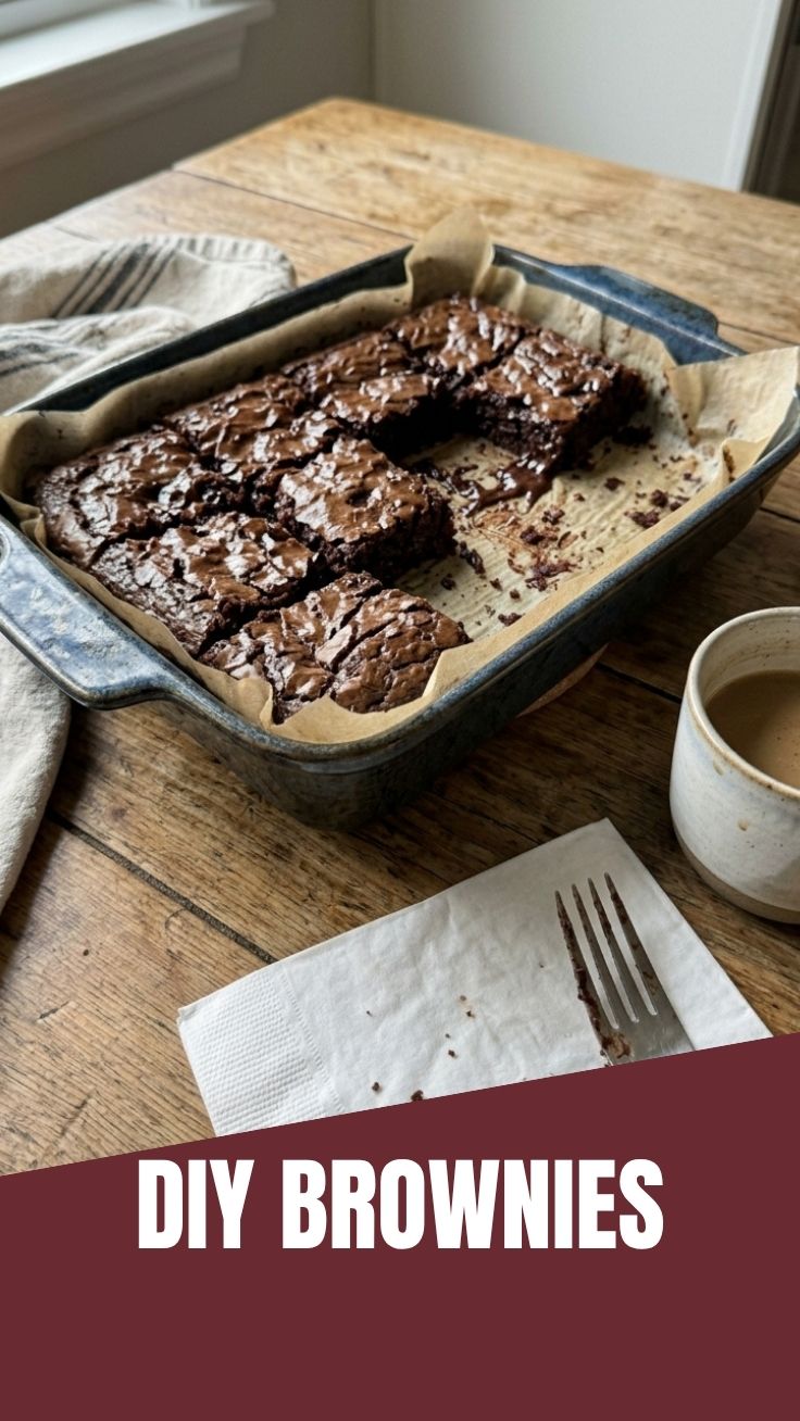 A close-up shot of rich, fudgy brownies with a crinkly top