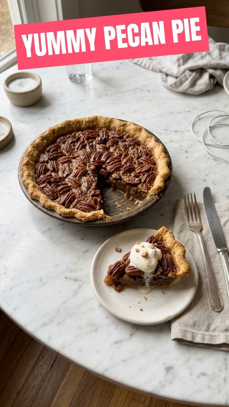 Golden brown pecan pie with glossy filling