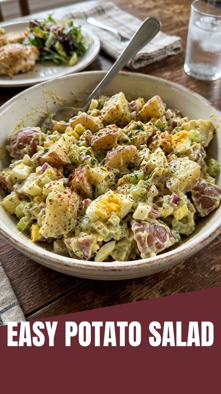 A bowl of creamy homemade potato salad with fresh herbs.