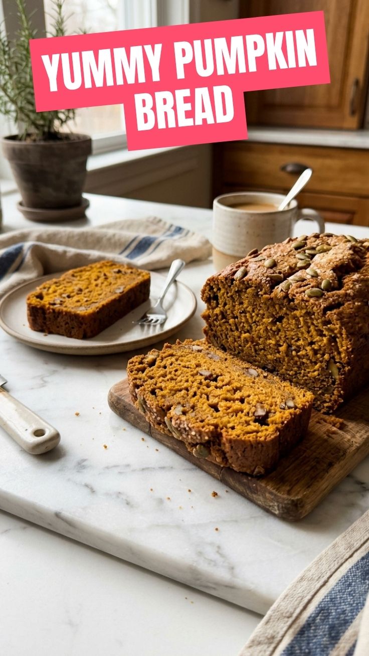 Moist pumpkin bread loaf on a cooling rack