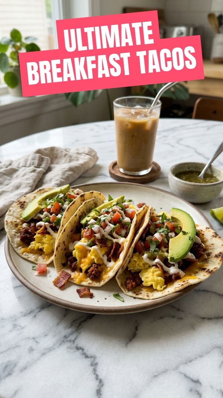 Savory breakfast tacos on a plate with colorful toppings