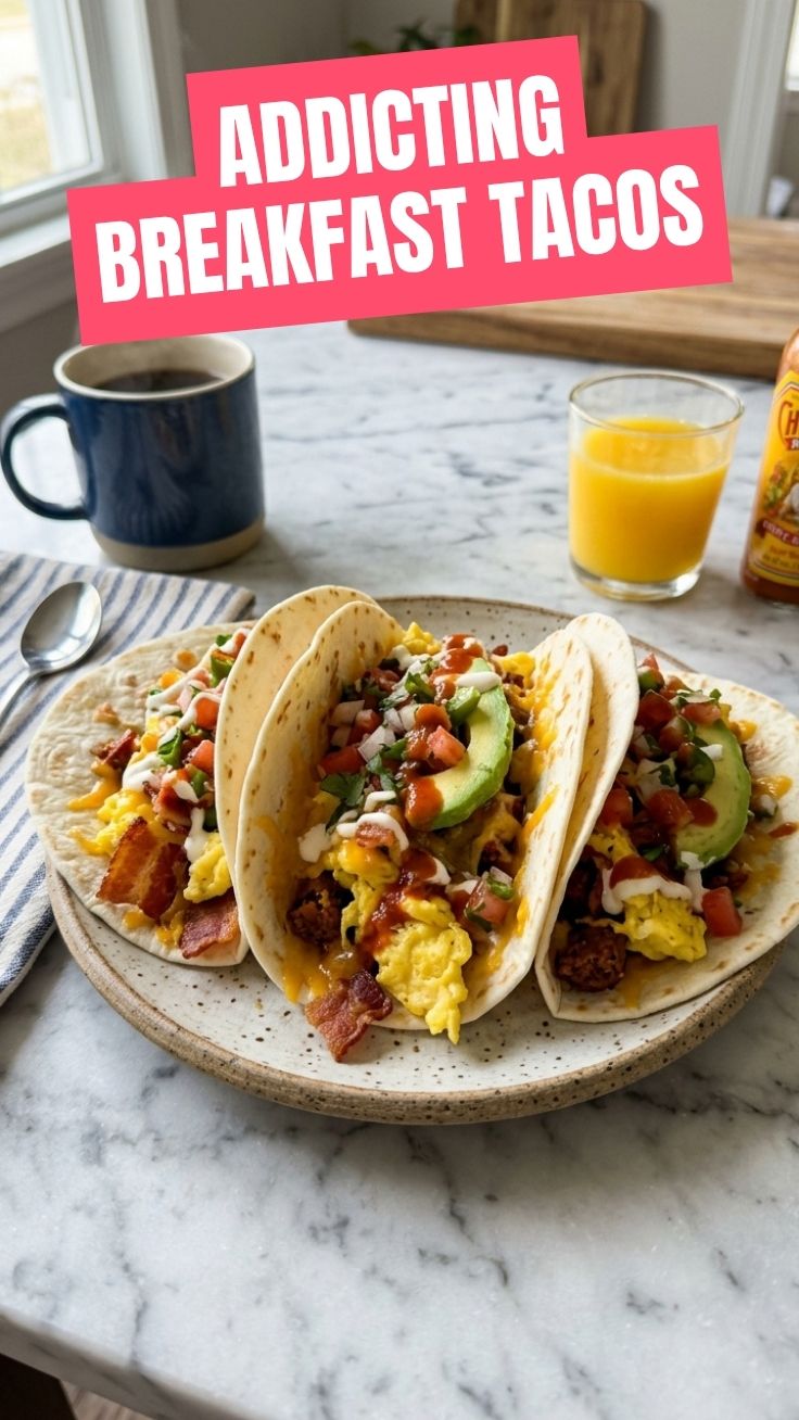 Close-up photo of delicious breakfast tacos with eggs, cheese, and salsa