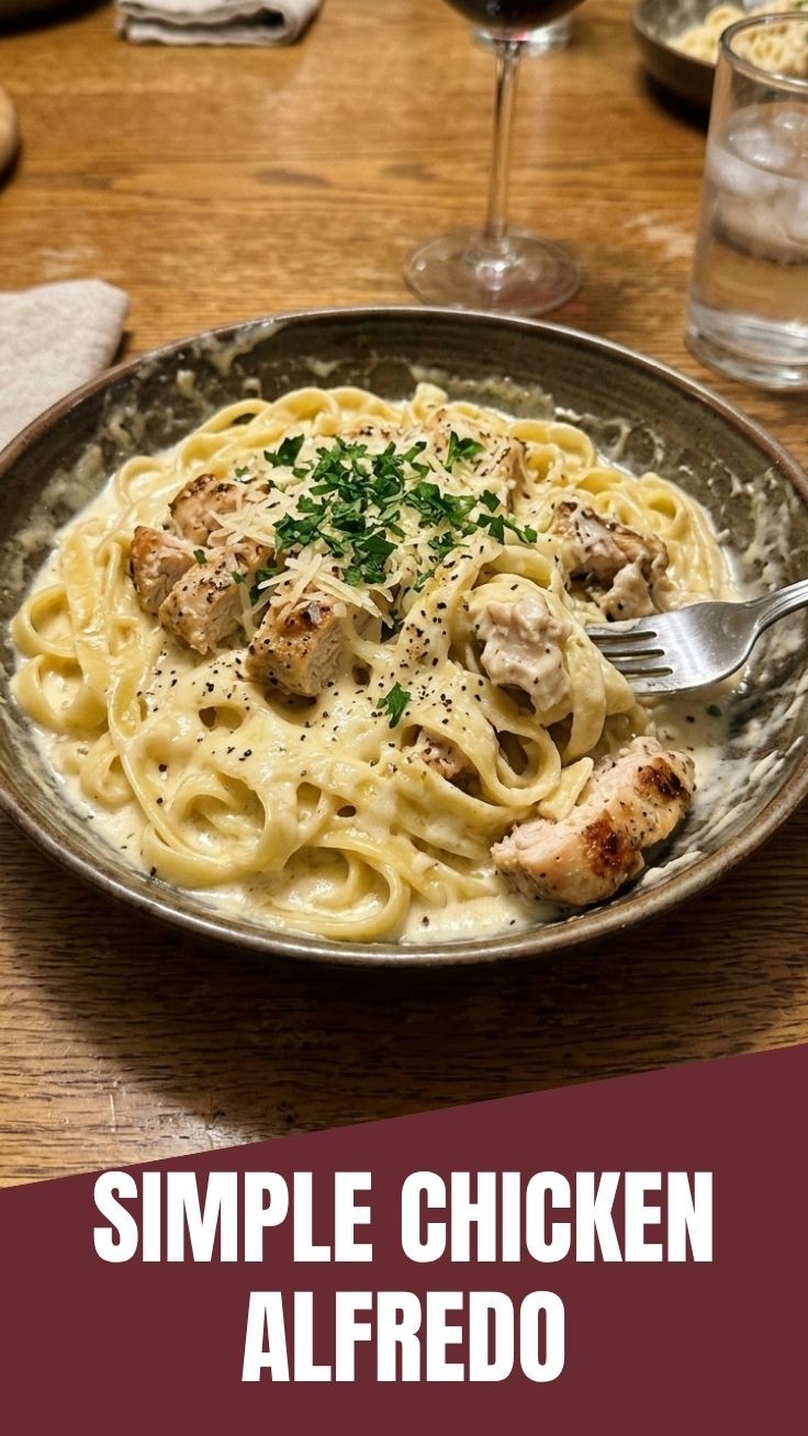 A serving of savory chicken alfredo with tender chicken and fettuccine pasta