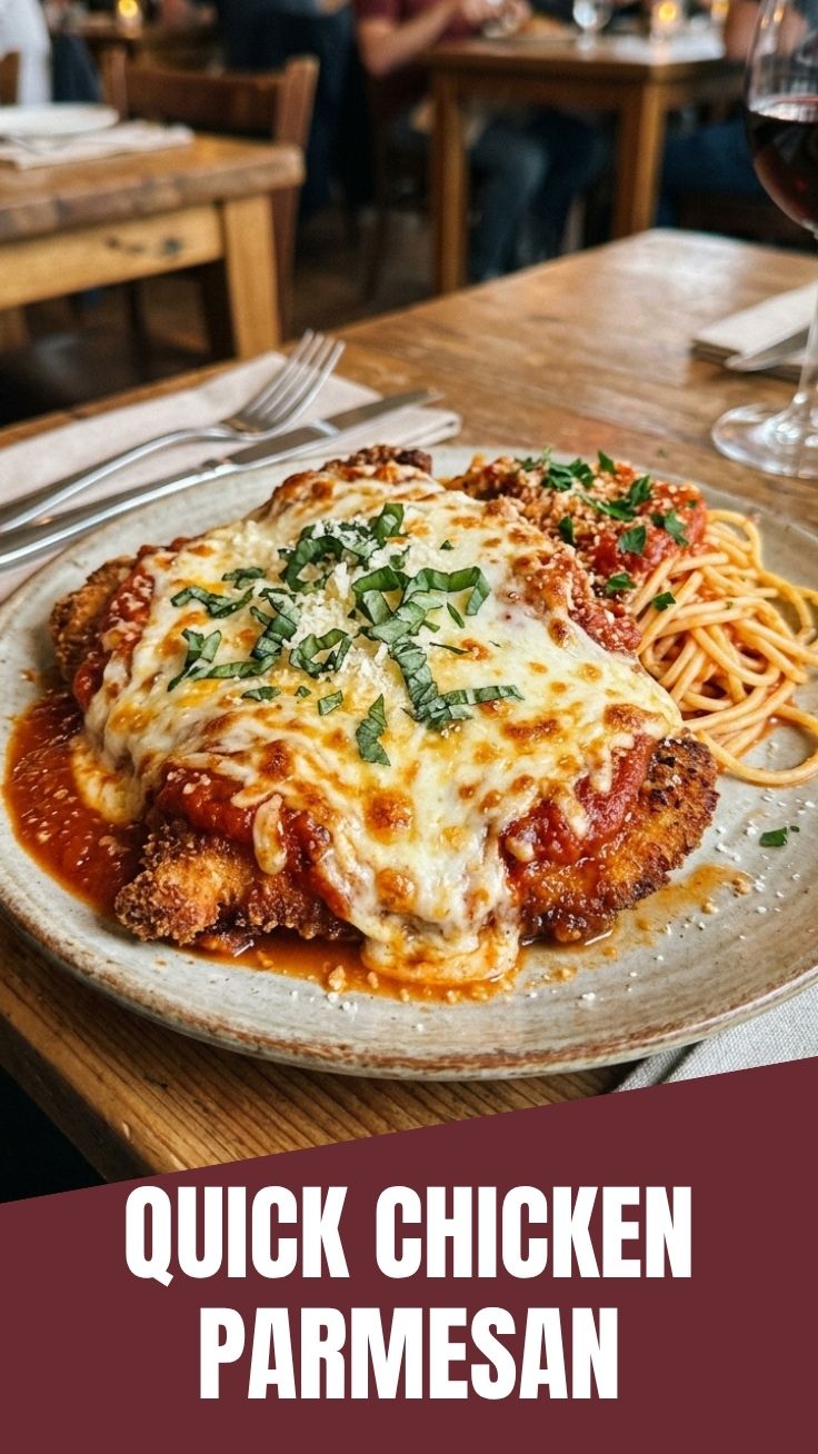 A plate showcasing a savory chicken parmesan dish with melted cheese and marinara sauce.