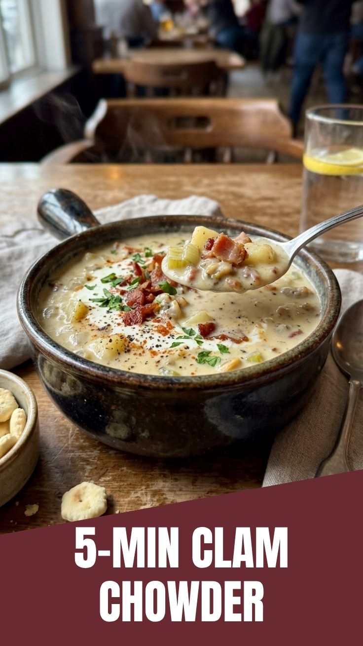 A steaming bowl of savory clam chowder garnished with fresh herbs.