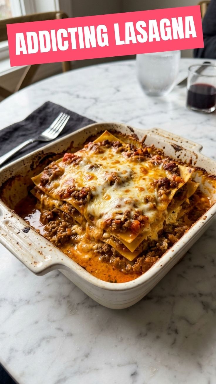 A beautifully layered homemade lasagna with golden bubbly cheese on top, sliced to reveal distinct layers of pasta, meat sauce, and creamy ricotta