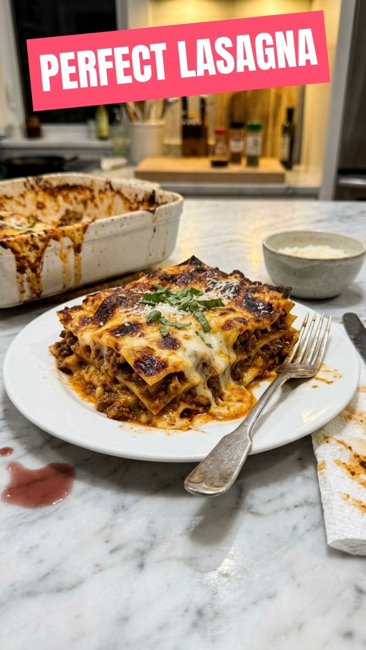 A steaming dish of classic lasagna, rich with cheese and sauce