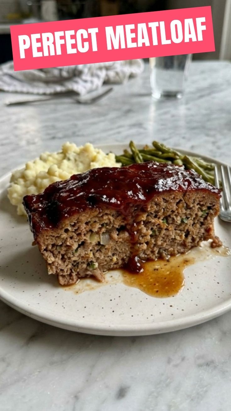 A freshly baked meatloaf, still warm from the oven, with a glistening glaze.