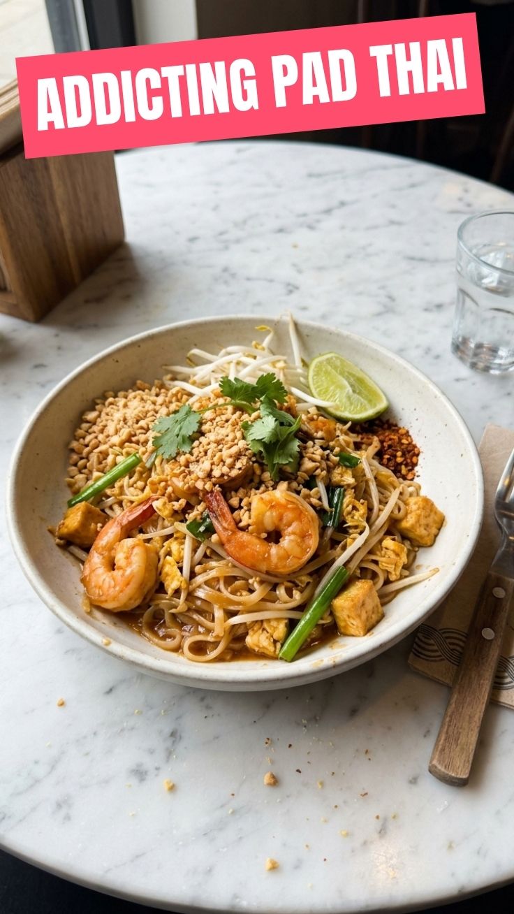 Savory Pad Thai with shrimp and crushed peanuts