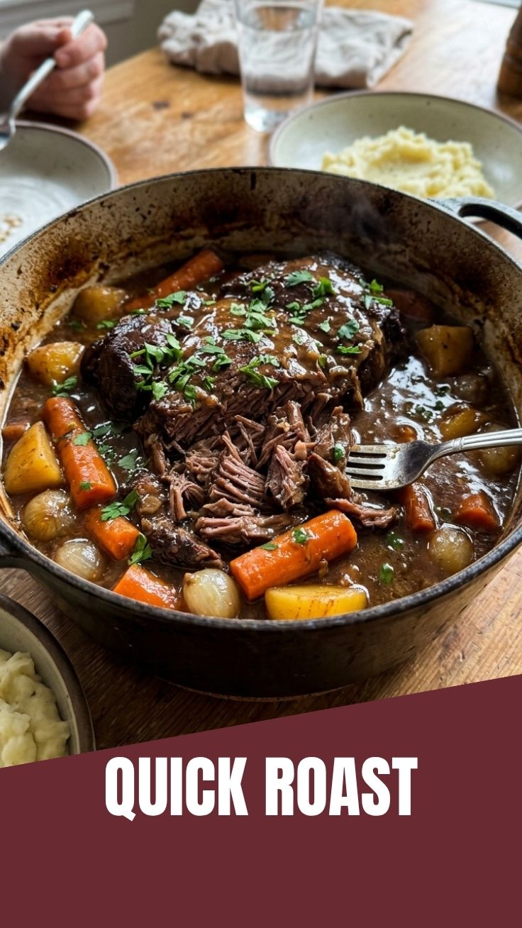 A tender, slow-cooked pot roast garnished with fresh herbs and vegetables.