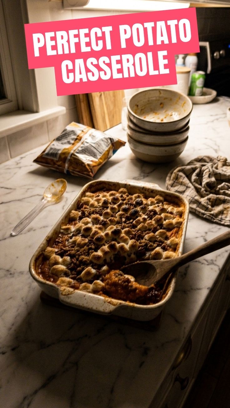 A bubbling sweet potato casserole with a golden, toasted marshmallow topping