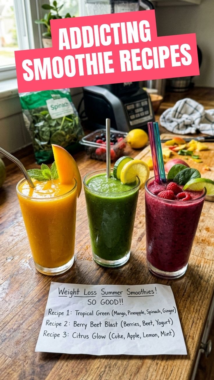 An array of vibrant weight loss summer smoothie recipes in clear glasses, garnished with fresh fruit