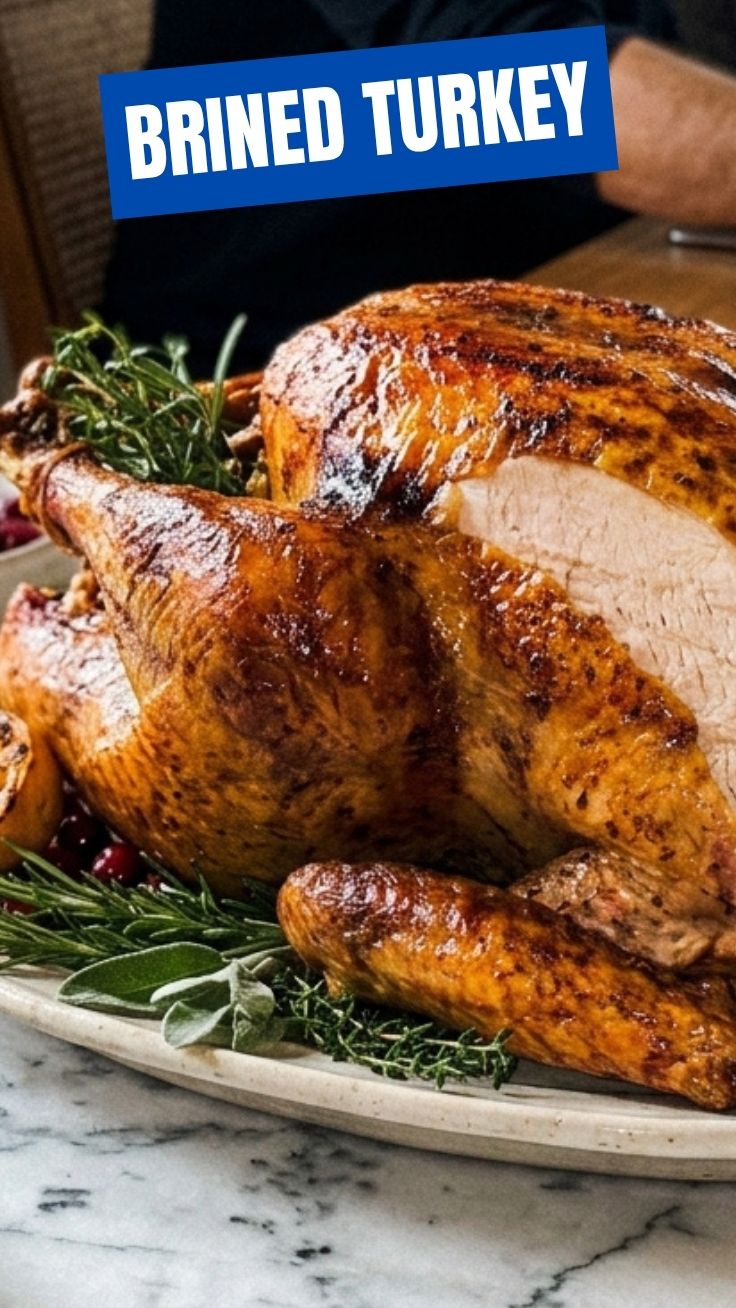 Golden brown brined turkey on a platter