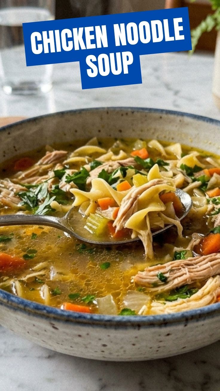 Bowl of warm chicken noodle soup