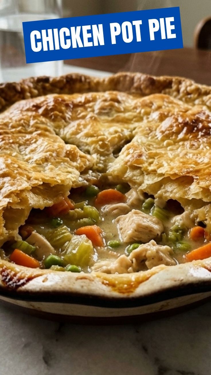 Golden, bubbly chicken pot pie casserole with flaky crust