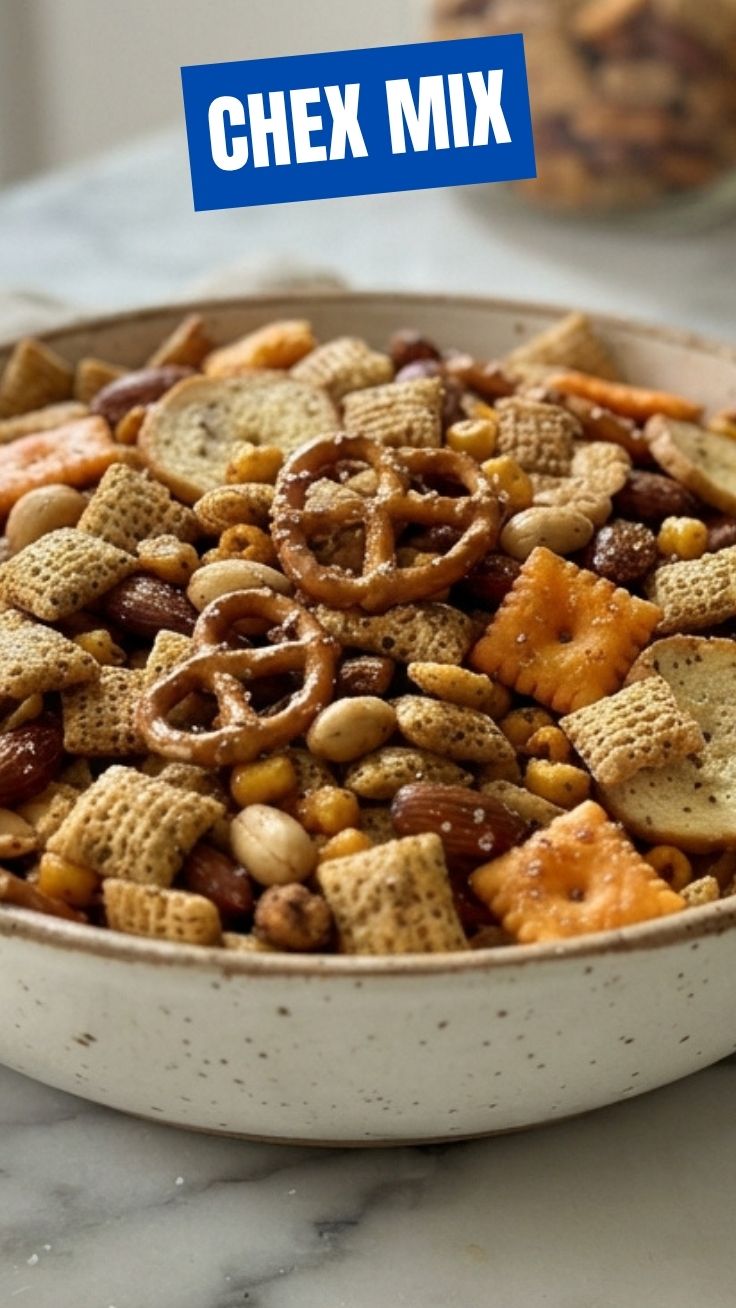 Crunchy homemade Chex Mix in a bowl