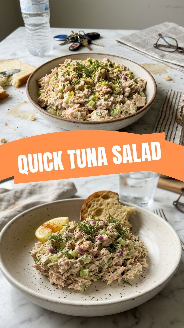 A beautiful bowl of fresh tuna salad with celery, onions, and herbs