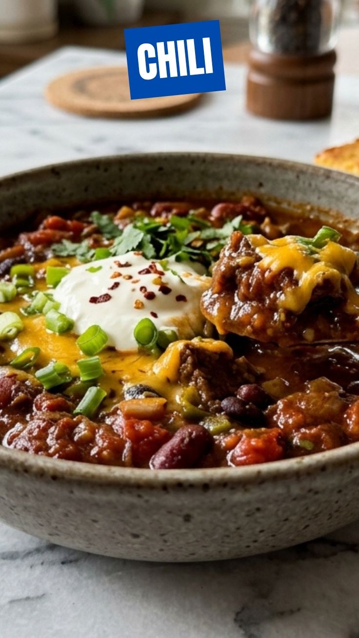Steaming bowl of homemade chili with toppings