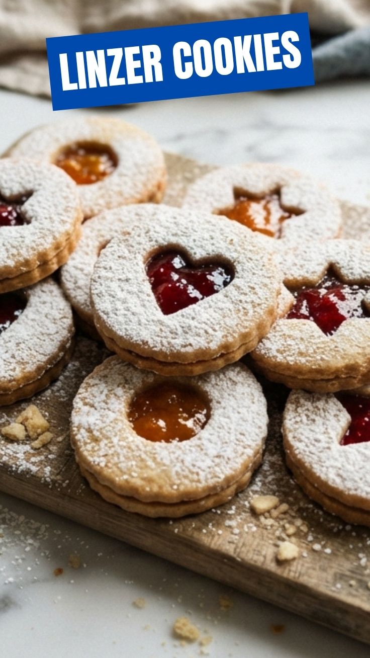 Linzer cookies dusted with powdered sugar on a cooling rack