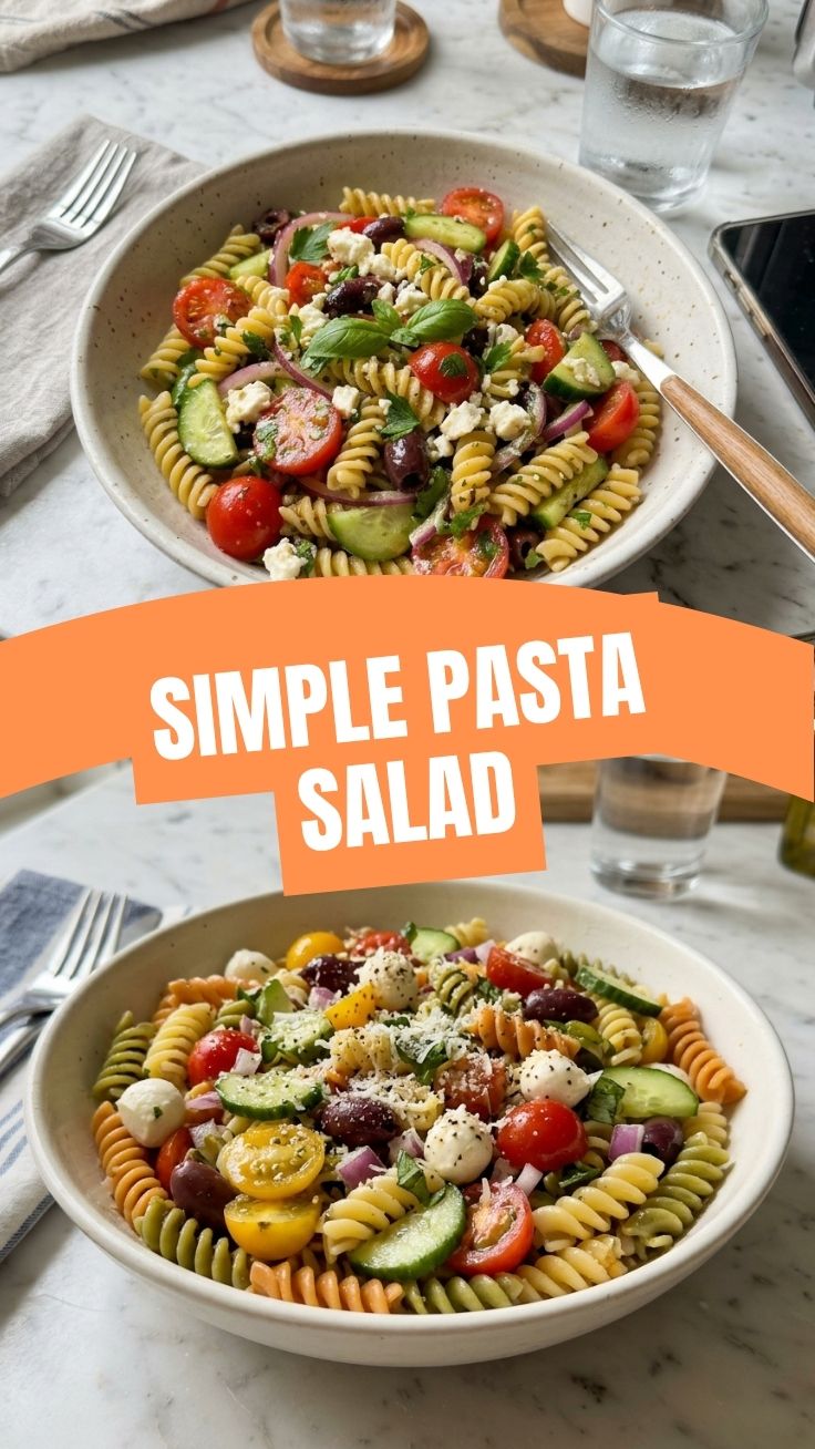 A colorful bowl of cold pasta salad with fresh vegetables and herbs