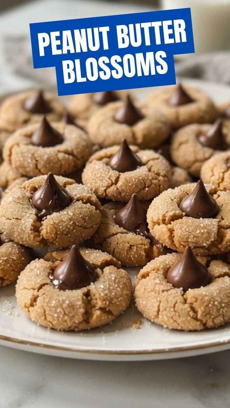 Freshly baked Peanut Butter Blossoms with chocolate kisses