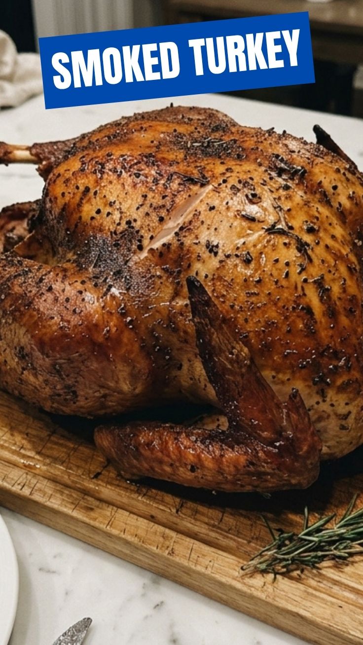 Smoked turkey on a wooden cutting board, golden brown skin with smoke rings