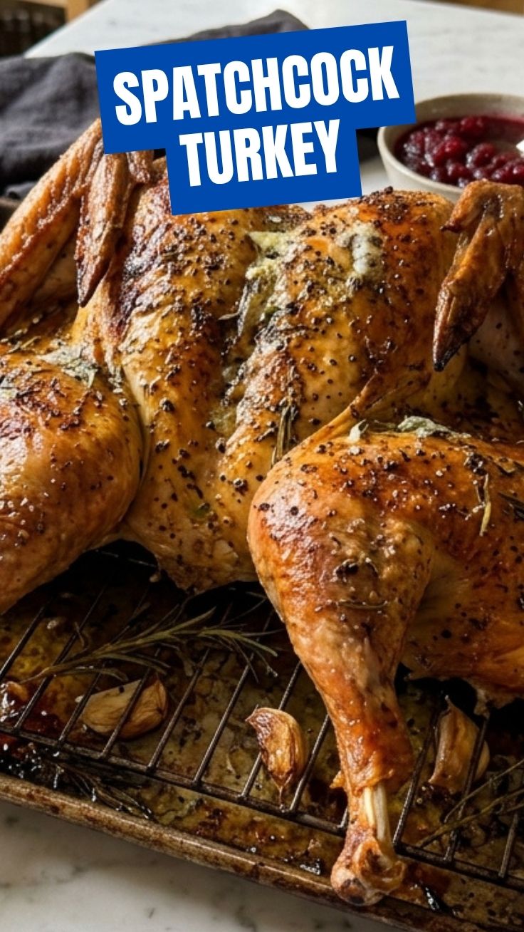 Perfectly roasted spatchcock turkey with golden brown skin and herbs