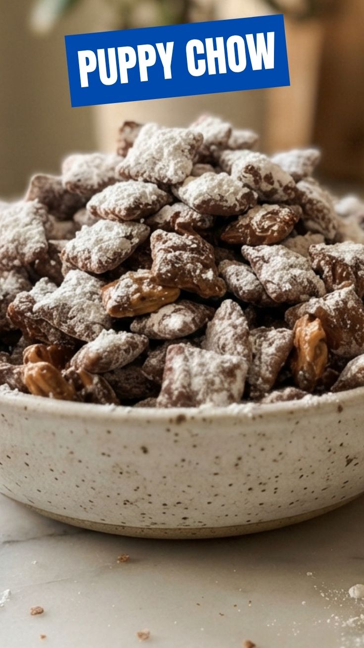 Freshly made Puppy Chow Muddy Buddies in a serving bowl
