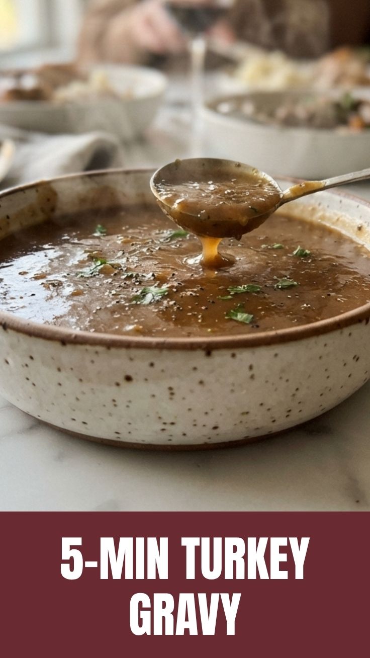 Rich turkey gravy in ceramic serving bowl