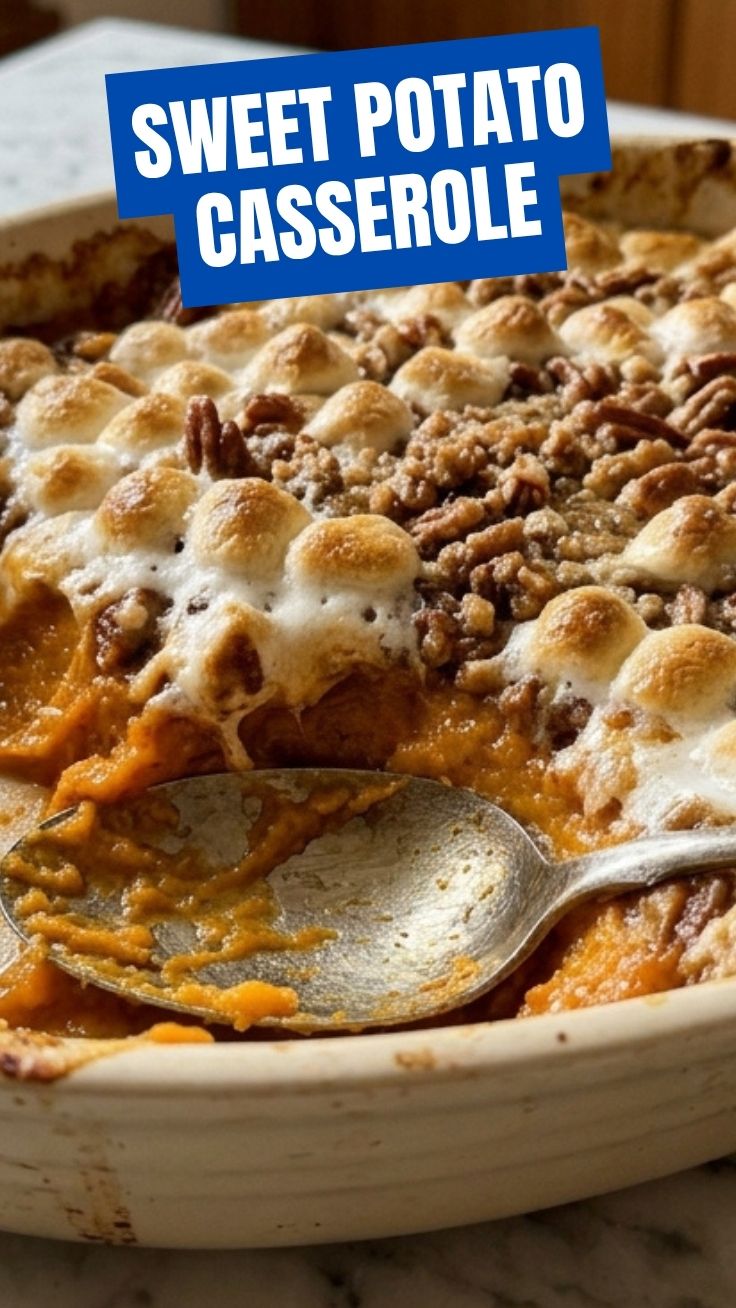 Golden sweet potato casserole topped with toasted marshmallows and pecans