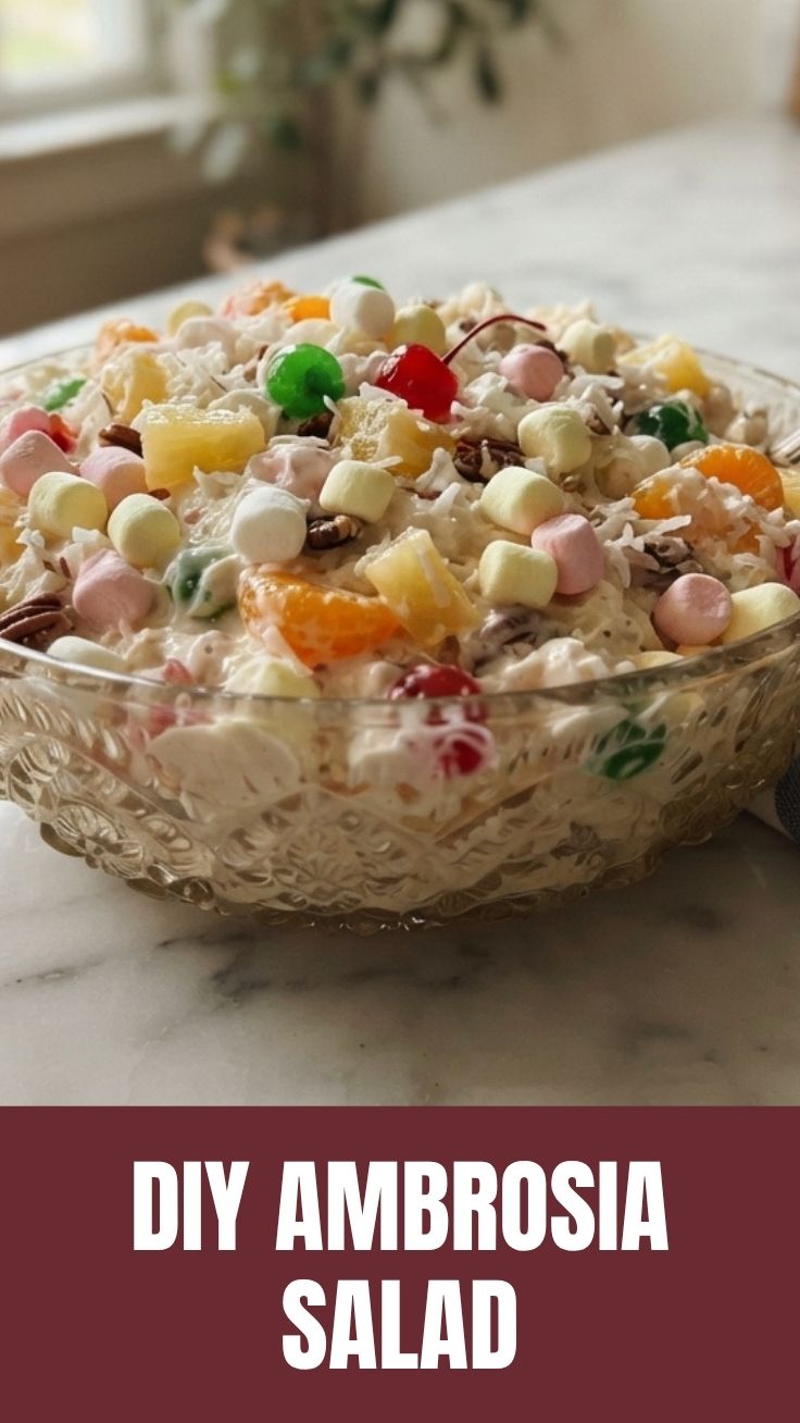 Creamy bowl of ambrosia salad with marshmallows and fruit
