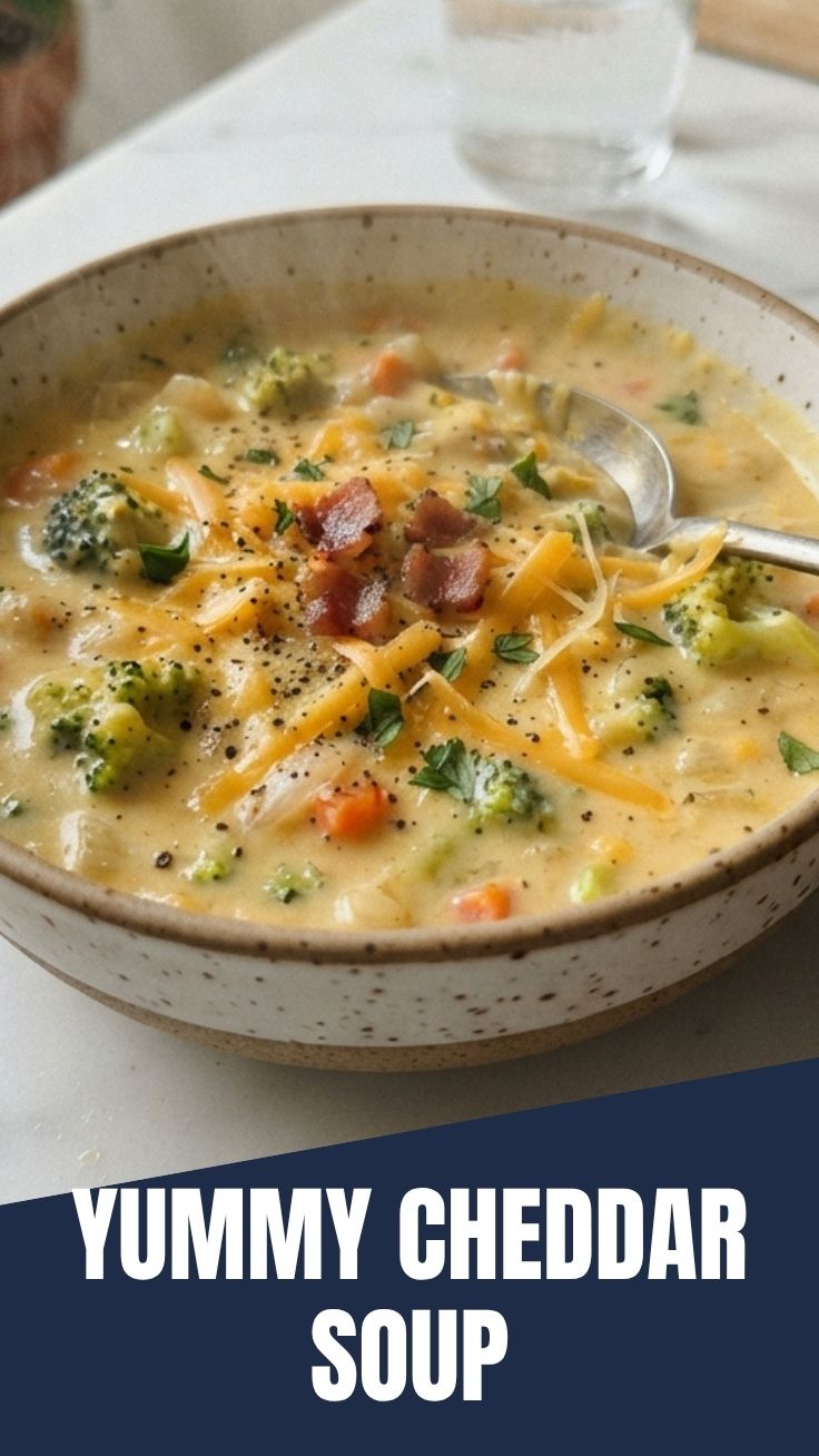 Bowls of creamy broccoli cheddar soup with fresh chives and crusty bread