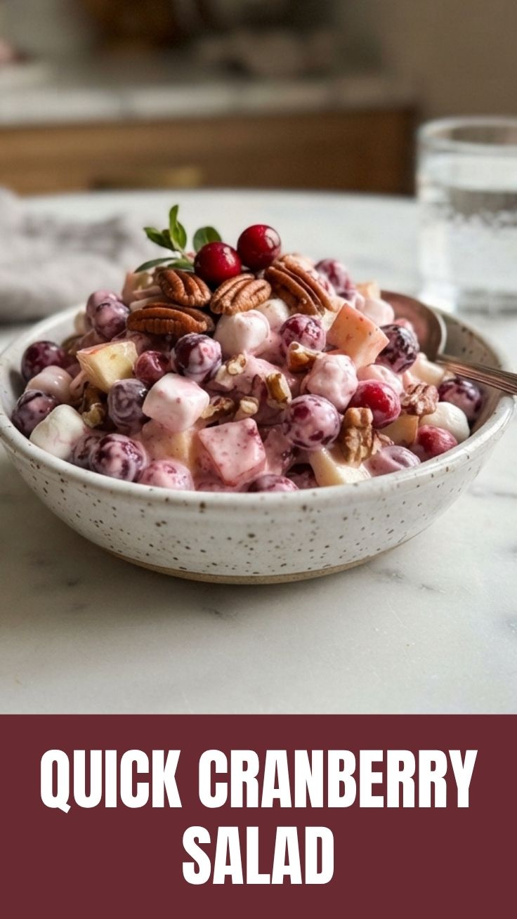 Fresh cranberry salad in a ceramic bowl with orange slices and herbs