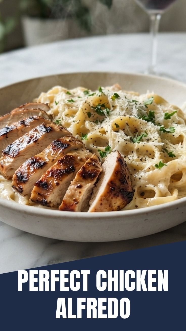 A serving of creamy chicken alfredo pasta with grilled chicken pieces and parsley.