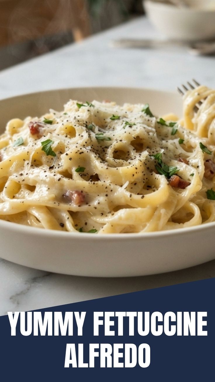 A serving of creamy fettuccine alfredo garnished with parsley