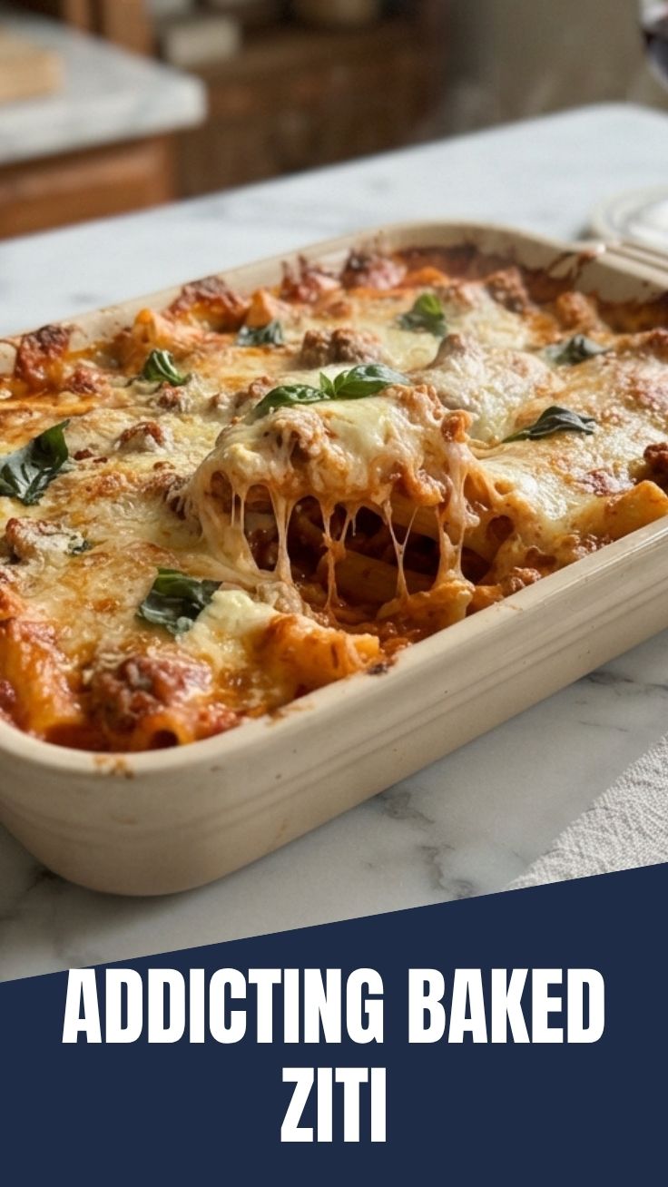 A steaming dish of baked ziti with melted cheese and rich tomato sauce.