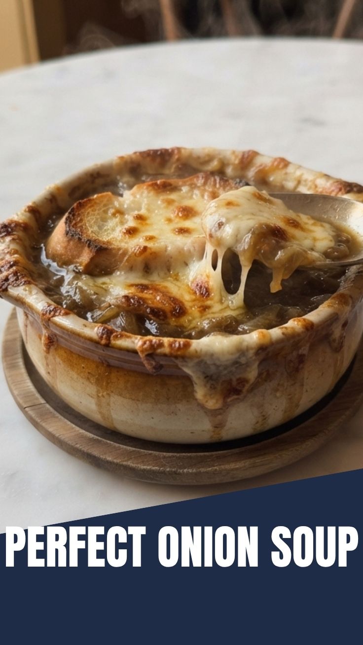 A bowl of delicious French Onion Soup topped with melted cheese and croutons.