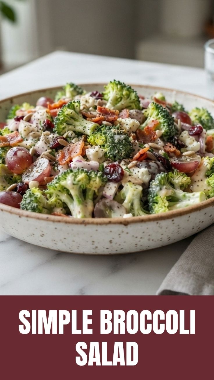 Fresh broccoli salad in a bowl with cranberries and seeds