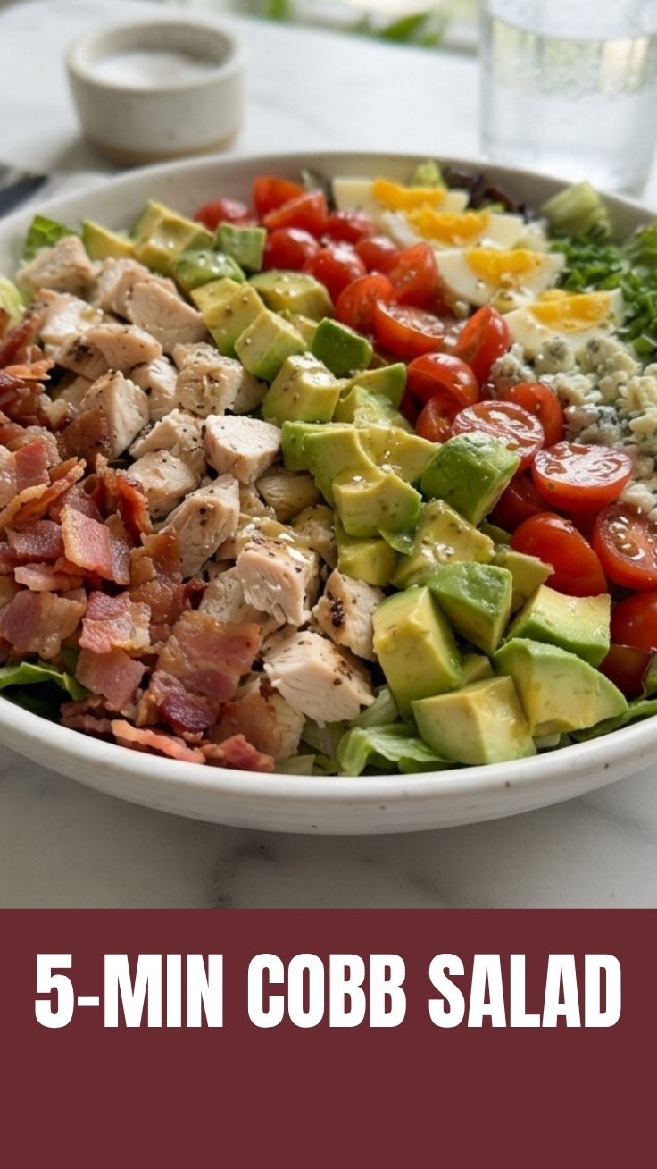 Fresh Cobb Salad arranged in rows on a white plate