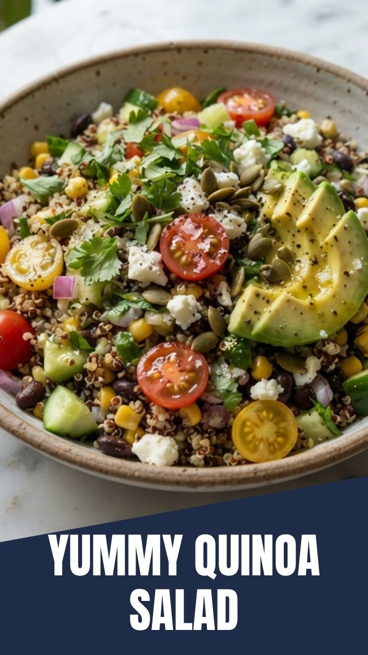 A fresh quinoa salad with colorful vegetables in a bowl.