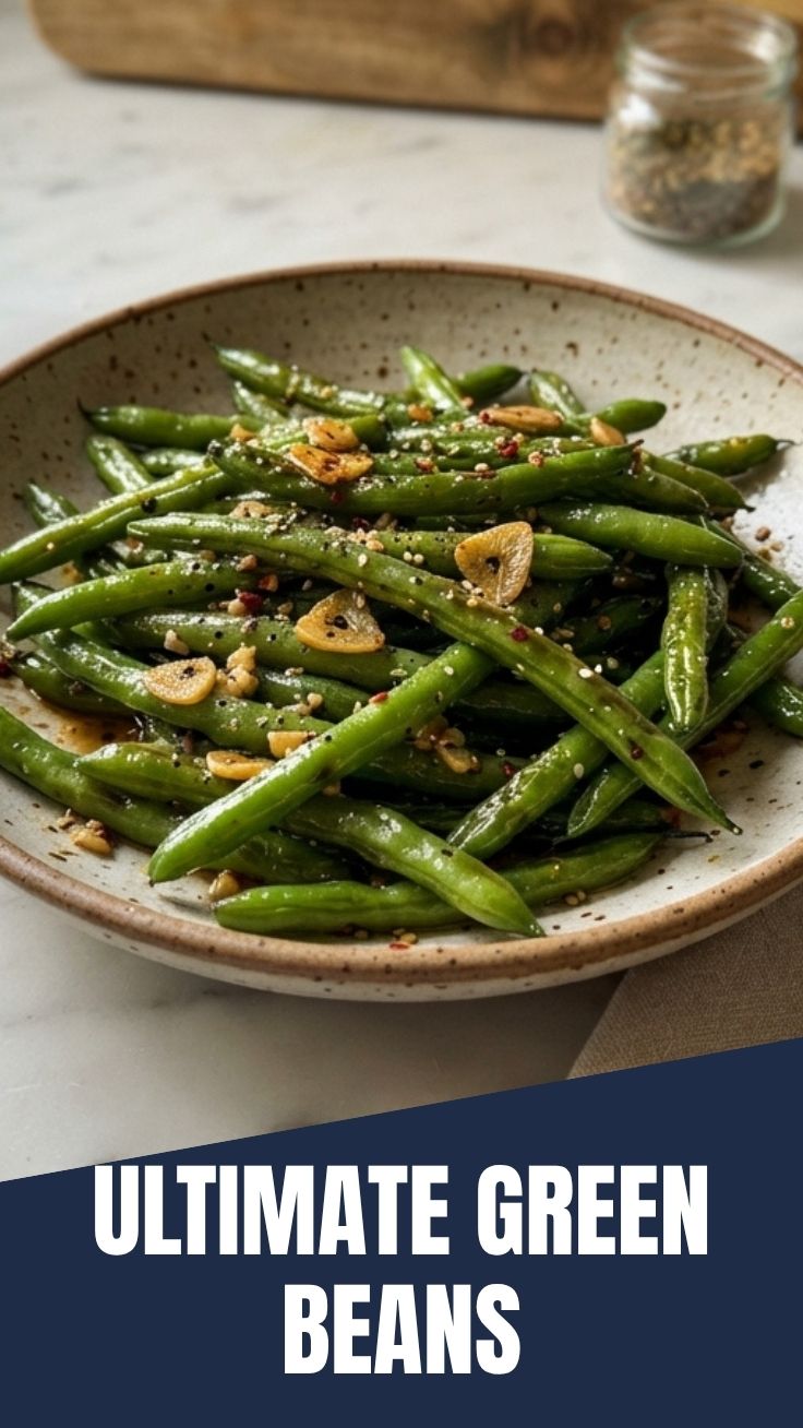 Garlic green beans in a skillet, golden and aromatic