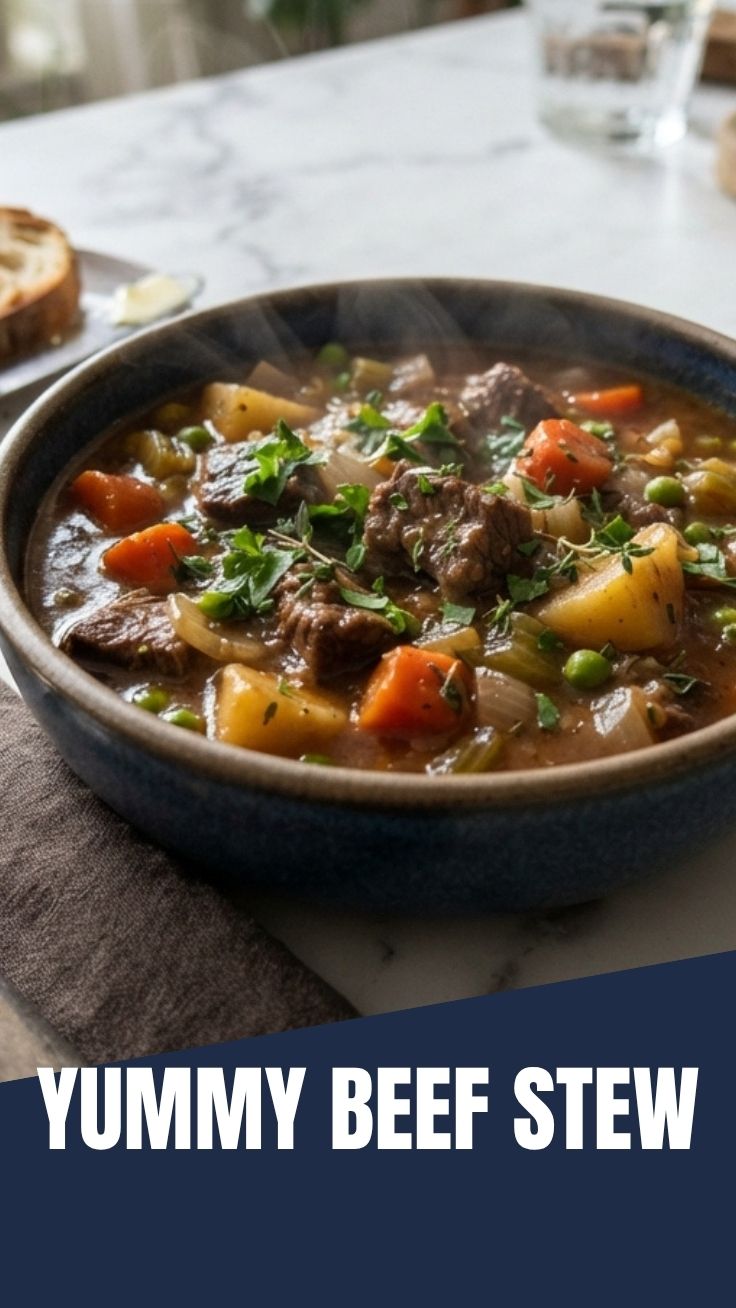 A steaming bowl of hearty beef stew with tender vegetables and rich broth