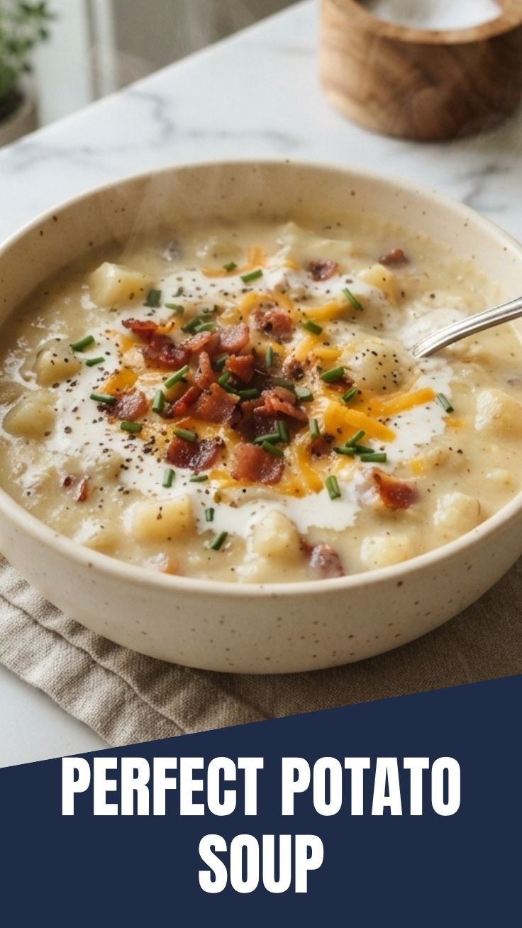A steaming bowl of hearty potato soup, garnished with chives.