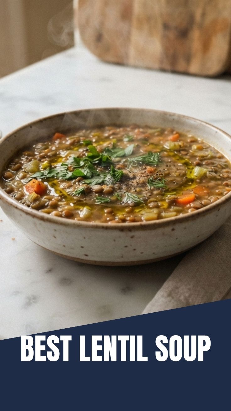 A bowl of warm, rich lentil soup garnished with herbs.