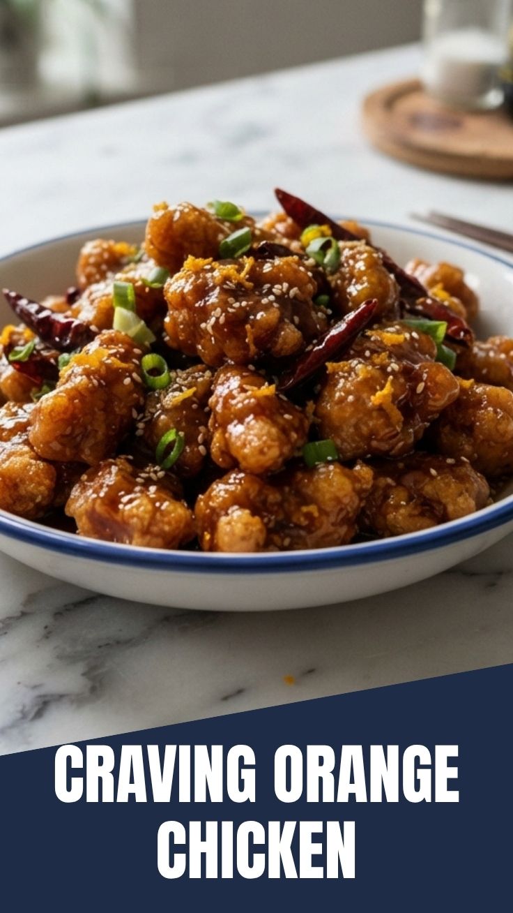 Crispy orange chicken pieces being tossed in glossy glaze