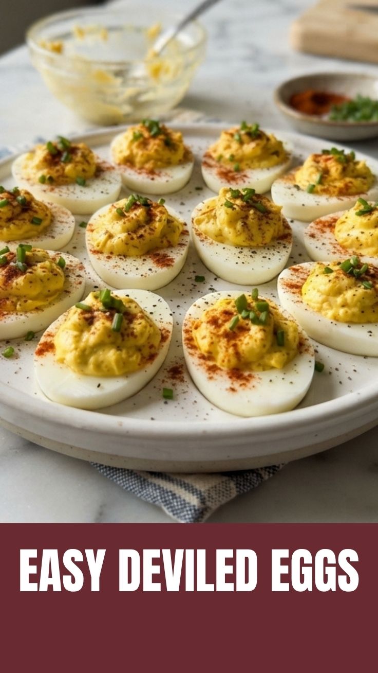 A platter of perfectly prepared deviled eggs with a sprinkle of paprika.